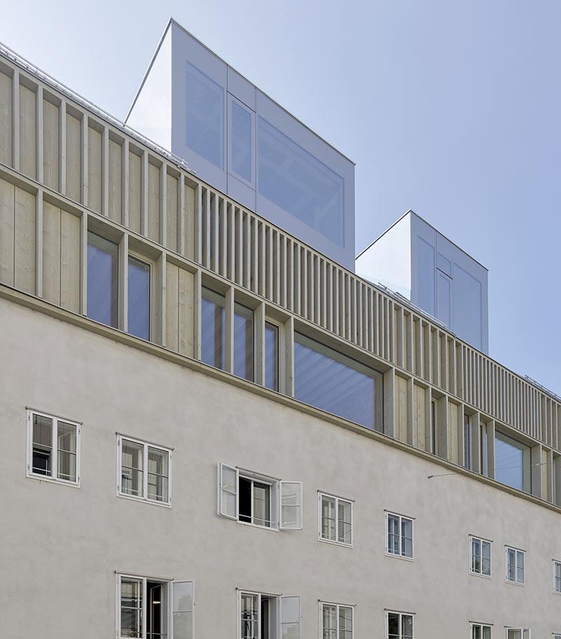 Straßenseite, Stadthaus Linz, mia2, Holzbau, Bauen im Bestand