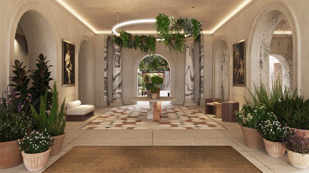 Schnittstelle zwischen City-Trubel und Ruhe-Oase: Das Foyer des neuen Stadthotels Six Senses Rome. (Bild: Six Senses)