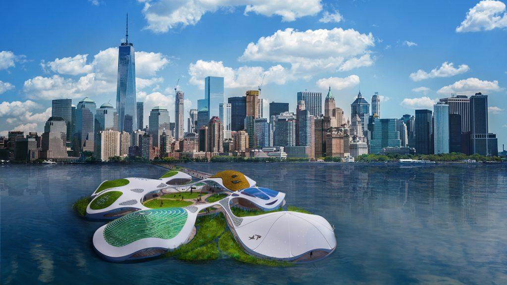 Design für die Umweltorganisation „WeThePlanet“: Ein schwimmender Campus vor New York. (Bild: 3deluxe)
