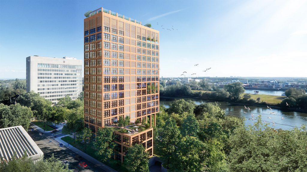 Begrüntes Holz-Hybrid-Hochhaus fürs Wiesbadener Dyckerhoff-Gelände: Der von 3deluxe designte „H2O-Tower“. (Bild: 3deluxe)