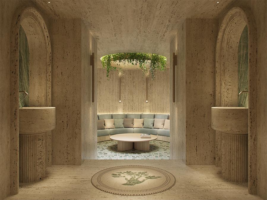 Von der legendären Badekultur des Römischen Reichs inspiriert: Das Entree des Spa-Bereichs. (Bild: Six Senses)