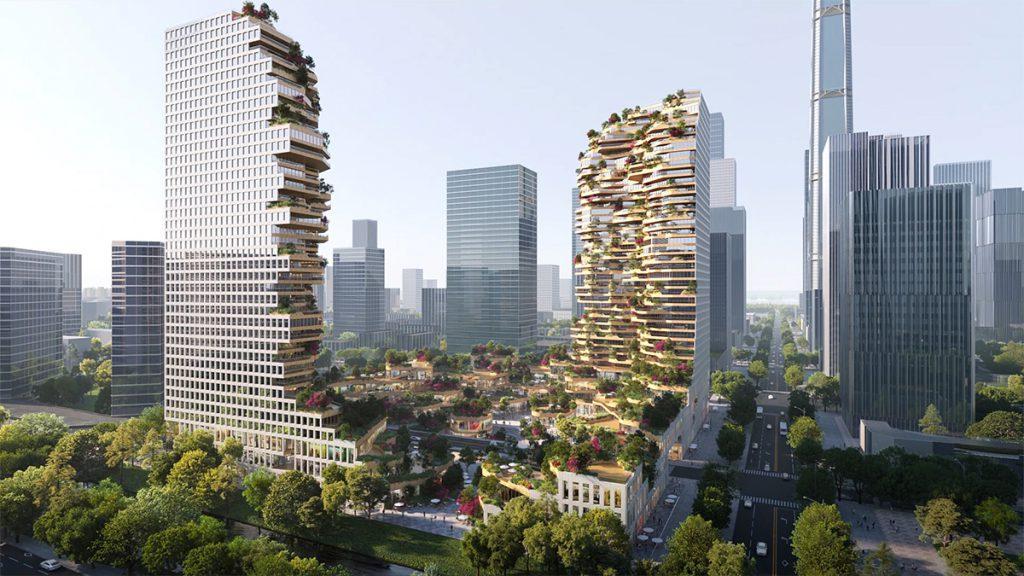 MVRDV-Projekt „Oasis Towers“: Mehr urbane Lebensqualität mit öffentlichen Plätzen und viel Grün, das auch die Nachbarschaft erfreut – mitten in Nanjings Hochhausdickicht. (Bild: Atchain)