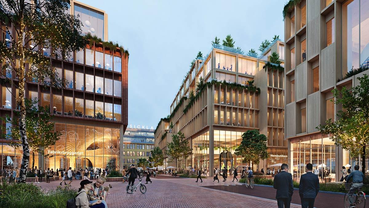 Nacht, Stockholm Wood City, Atrium Ljungberg, Henning Larsen, White Arkitekter