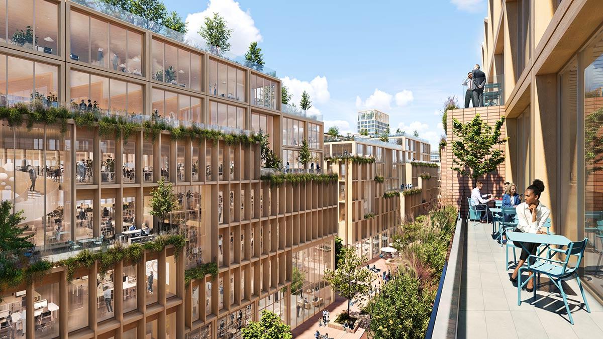 Fassaden, Stockholm Wood City, Atrium Ljungberg, Henning Larsen, White Arkitekter