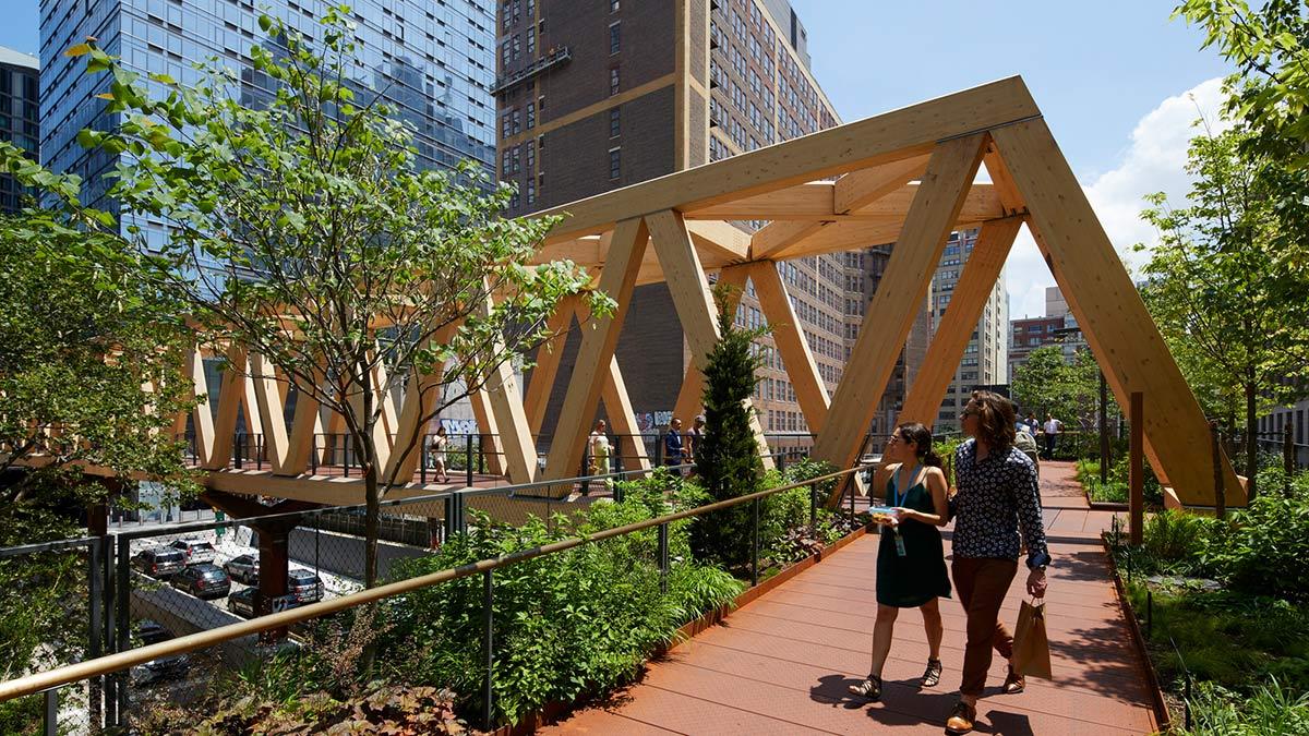 Woodland Bridge, Warren Truss, High Line - Moynihan Connector, New York, SOM, James Corner Field Operations, Holzbrücke, Fachwerk, Manhattan