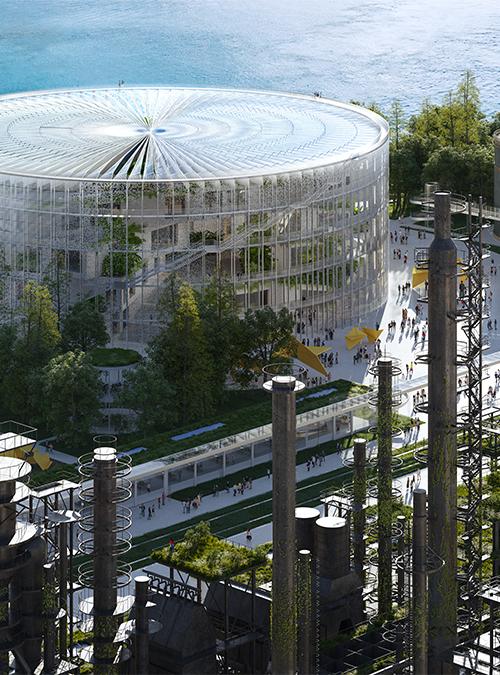 Rund wie ein Silo: Das neue „Art & Sci-Tech" Center ist Herzstück des Masterplans für den Hangzhou Oil Refinery Factory Park. (Bild: Engram)