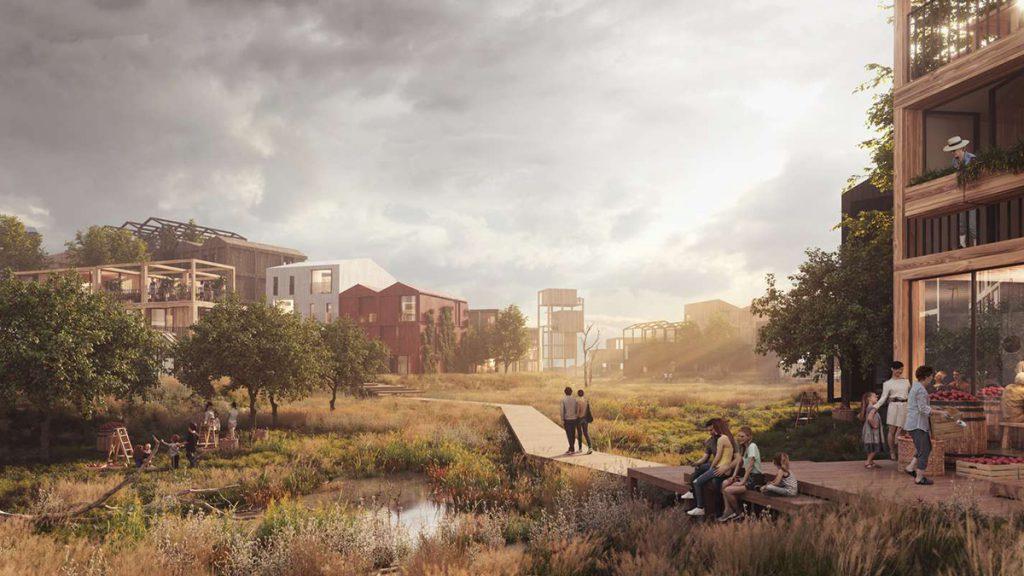 Einstiges Deponiegelände wird nachhaltige Stadt in der Stadt: Henning Larsens Holzbau-Projekt Faelledby in Kopenhagen. (Bild: Henning Larsen)