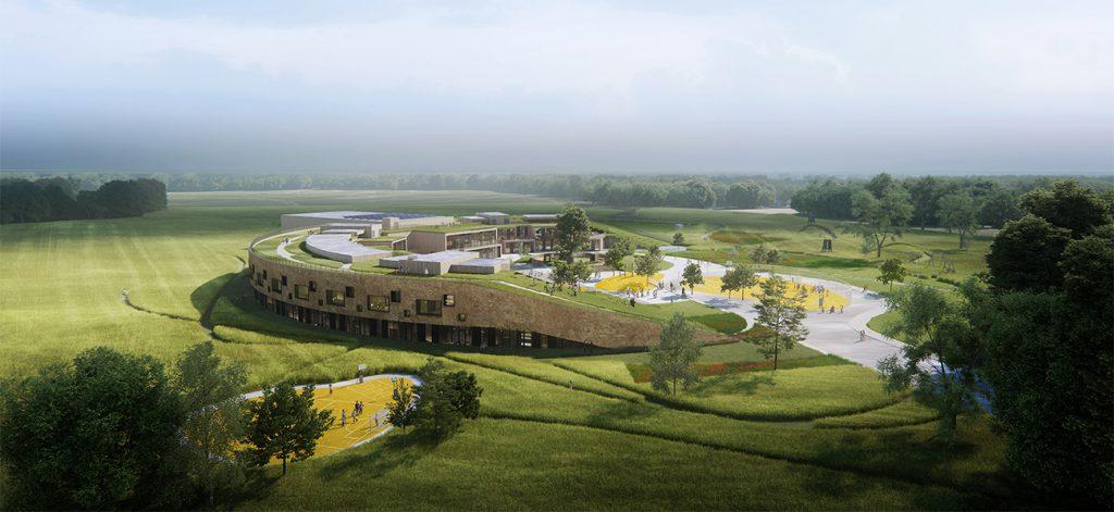 Schon vor Fertigstellung prämiert: Die von Henning Larsen nachhaltig designte, mit einer Stroh-Fassade konzipierte Sundby School in Dänemark. (Bild: SORA)
