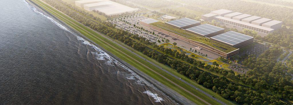 Viel Grün rundum, Dachgarten und Solarpaneele: Das innovative Logistikzentrum stellt Naturschutz in den Vordergrund. (Bild: Henning Larsen)