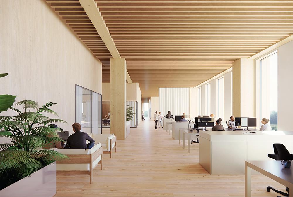 Logistics Center West: Den 600 Mitarbeitern verspricht der Plan helle, angenehme Räume und ein Restaurant mit Rundum-Blick in die Naturlandschaft. (Bild: Henning Larsen)