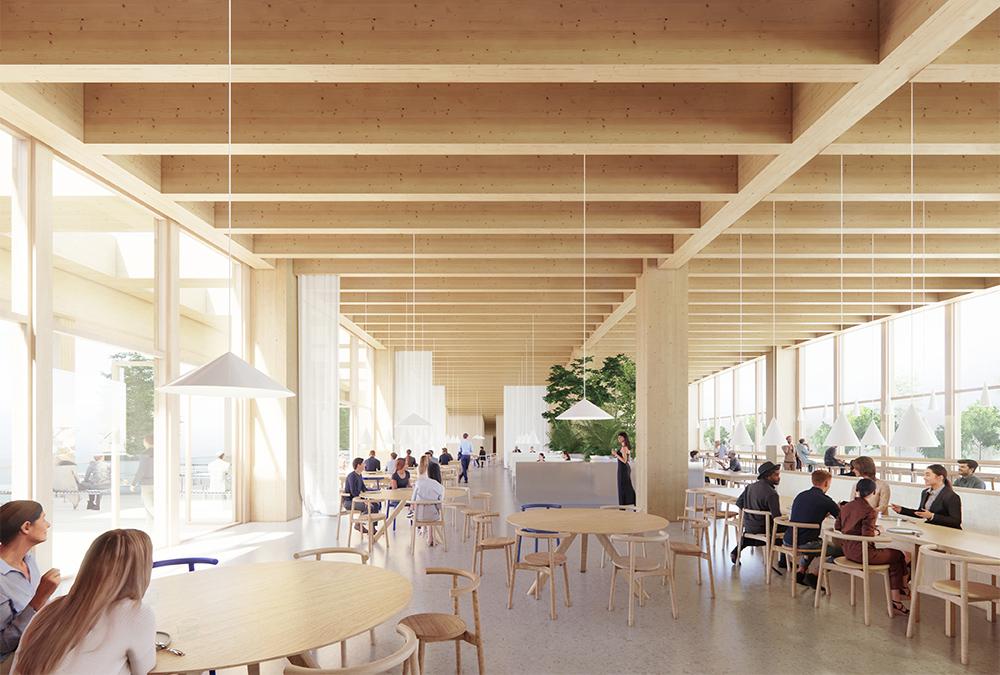 Logistics Center West: Den 600 Mitarbeitern verspricht der Plan helle, angenehme Räume und ein Restaurant mit Rundum-Blick in die Naturlandschaft. (Bild: Henning Larsen)