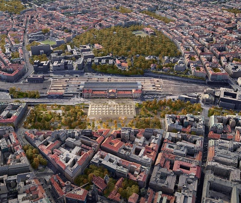 Luftbild, Prager Hauptbahnhof, Henning Larsen, Holzbau, Vordach, Entwurf