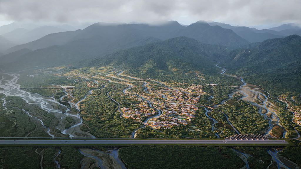 Bhutan setzt seine „Achtsamkeitsstadt“ behutsam in die Naturlandschaft. (Bild: Brick Visual)