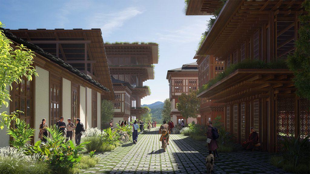 Bhutan baut die Stadt der Zukunft. Tradition & Innovation, geschickt verbunden: Planbild einer typischen Straße der „Mindfulness City“. (Bild: BIG)