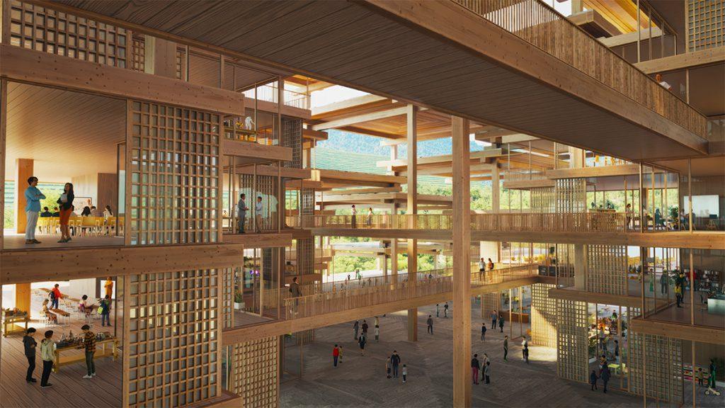 Lebens- & Lernqualität in Holz: Auf einer Brücke entsteht die Universität der Zukunftsstadt von Bhutan. (Bild: Brick Visual)
