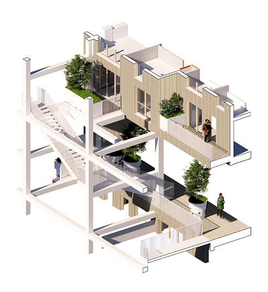 Im „La Serre“ Komplex führen Stege und Treppen durchgehend von der Haupthalle im Erdgeschoss bis zum Dachgarten. (Bild: MVRDV)