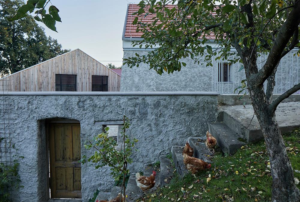 Der alte Stall wich beim Umbau durch RDTH Architekti zwar dem neuen Wohnhaus, Hühner tummeln sich ringsum aber nach wie vor. (Bild: Filip Beránek)