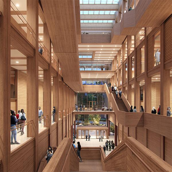 UBC Gateway: Im Inneren des Neubaus der University of British Columbia hat das dänische Büro Schmidt Hammer Lassen ganz auf Holz gesetzt. (Bild: Vismo)