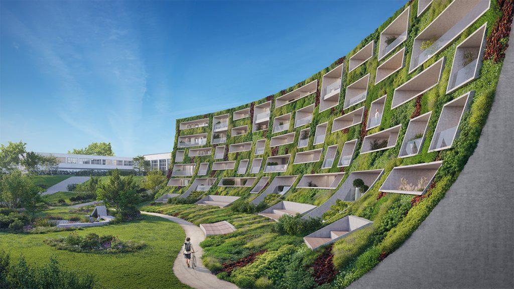 Wie aus der Landschaft emporgewachsen: So wird die von Robert Konieczny designte Wohnanlage AURA in Posen aussehen. (Bild: Littlemoon Studio)