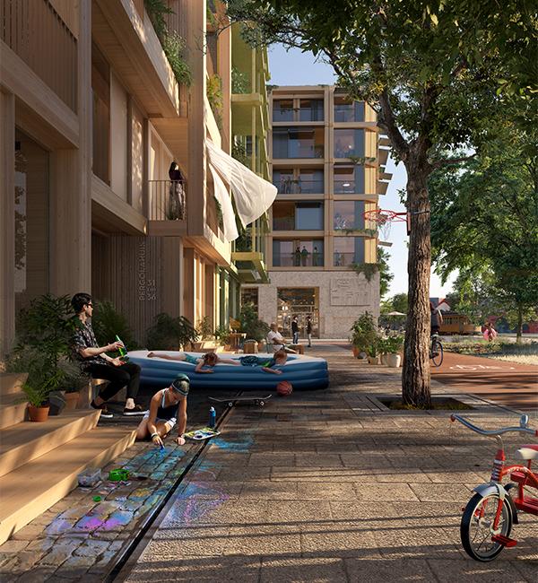 Starre Grenzen unerwünscht: Das Design des neuen Quartiers motiviert zu Kommunikation und kreativer Nutzung der gemeinschaftlichen Zonen. (Bild: Proloog)