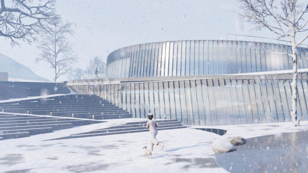 Die runde Struktur der beiden Volumina des Museums spiegeln die elliptische Form der nahegelegenen Lavafelder wider. Die beiden elliptischen Formen sind zueinander geneigt.