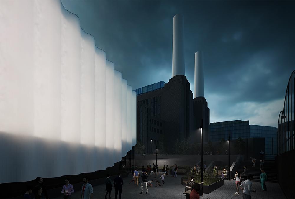 Die ikonischen Schornsteine des stillgelegten, neu genützten Kraftwerks Battersea Powerstation lieferten Inspiration fürs Design. (Bild: UAU Studio)