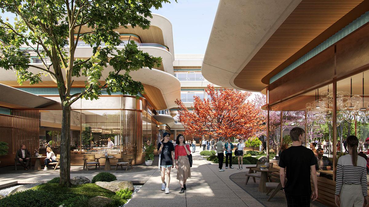 Im zentralen Gebäude der Sanlin Riverside sind Cafés, Geschäfte und Restaurants untergebracht