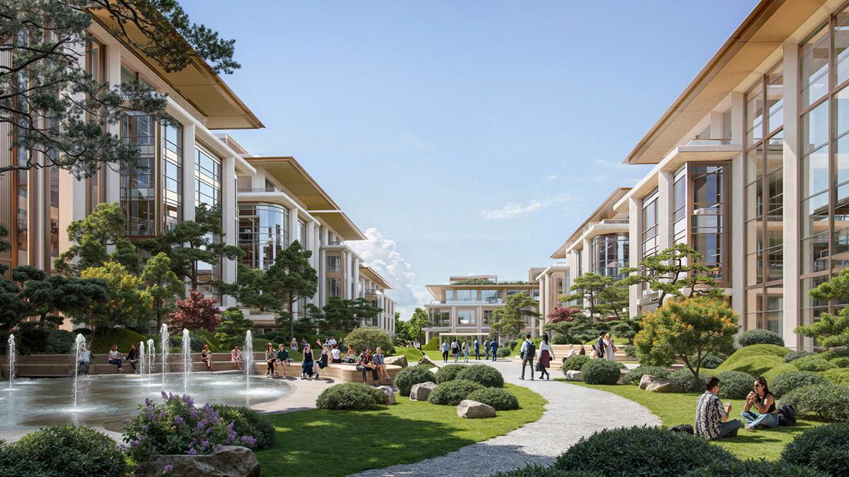 Die grünen Parks und offenen Flächen des Sanlin Riversides Bürokomplexes