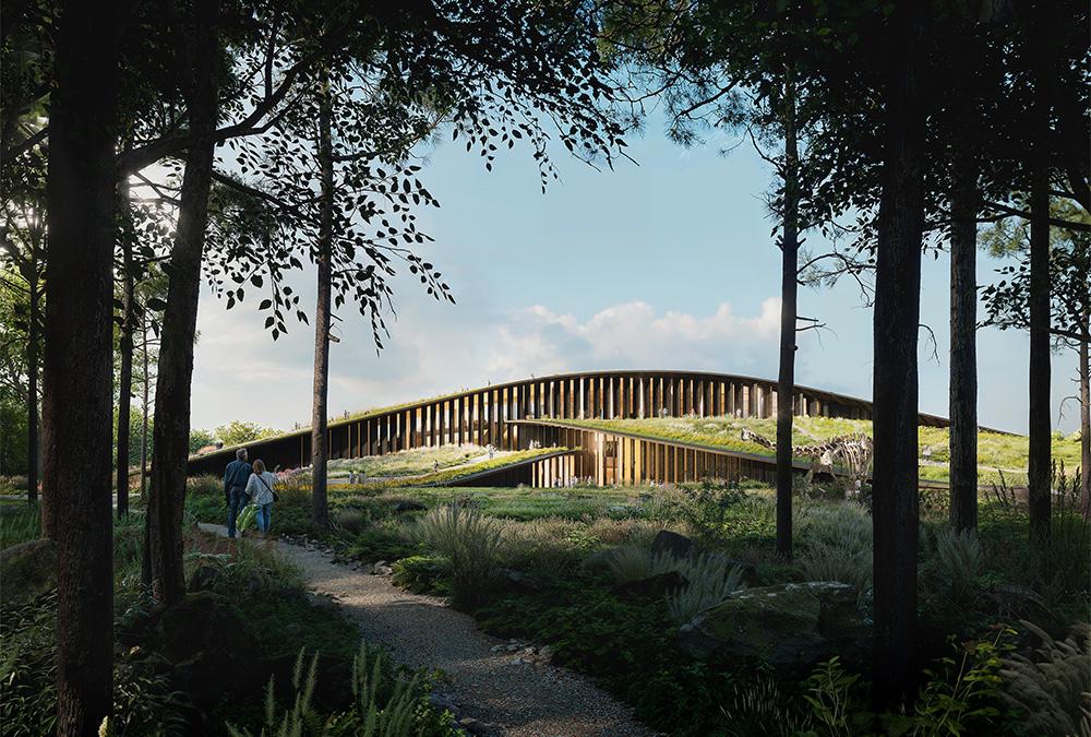 Von allen Seiten zugänglich, aber quasi im Großen Wald „versteckt“: Das neue Naturkundemuseum. (Bild: BIG)