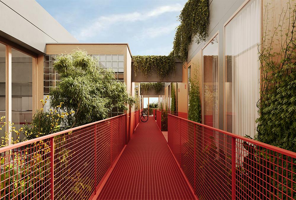 Projekt Lieferling: Nach den Plänen der smartvoll-Architekten werden die neu gestalteten Gebäudeteile durch elegante Laubengänge verbunden. (Bild: smartvoll)
