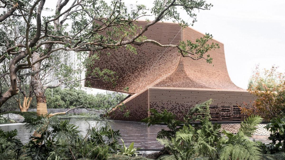 Zwischen den Bäumen liegt das Jinling Diamant Kunstpavillon