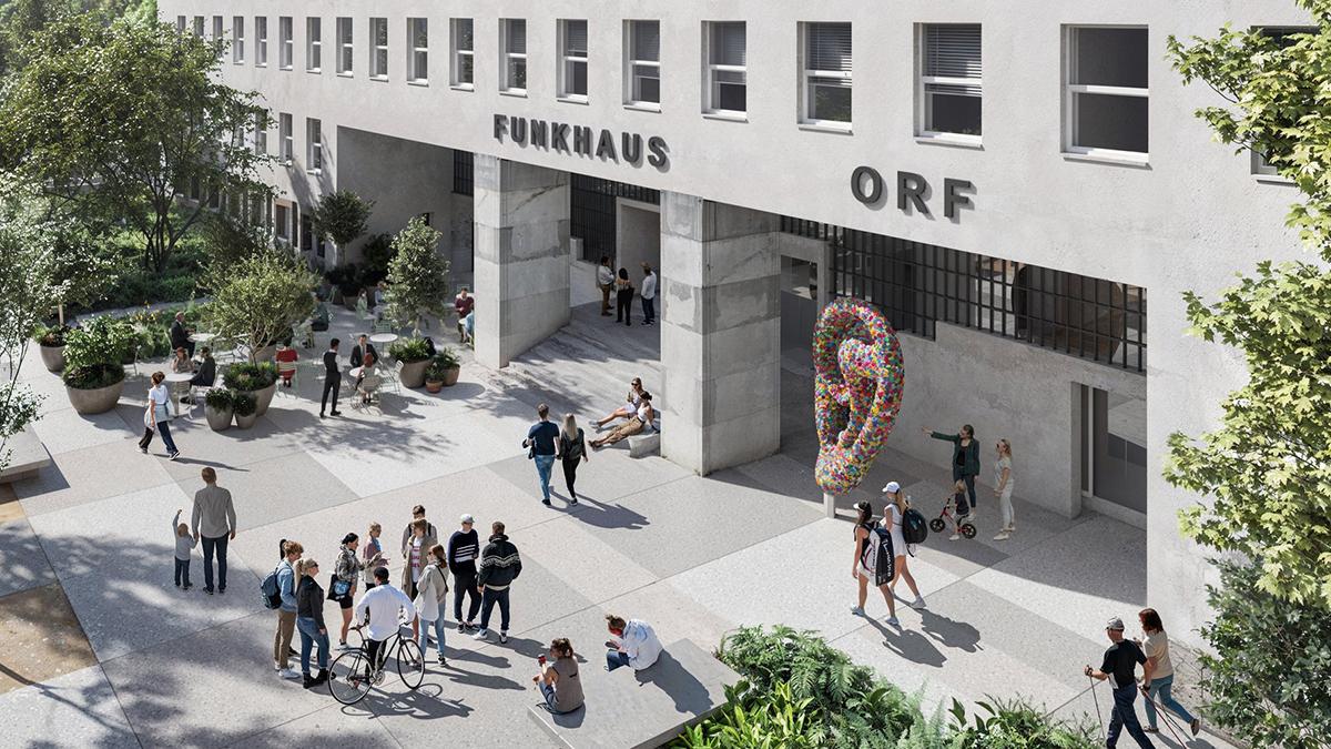 Funkhaus Wien, Eingang mit einigen Menschen davor sowie der berühmten Skulptur "Ohr".