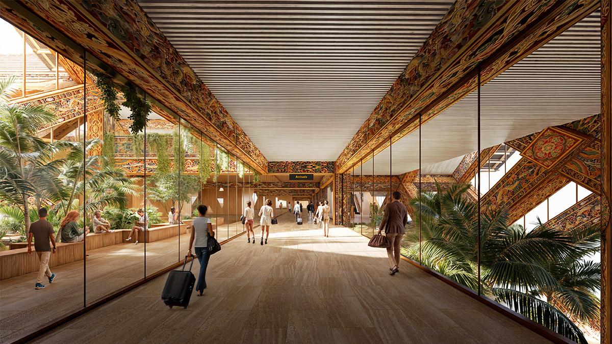 Prachtvoller Empfang: Die Ankunftshalle und der dazugehörige Korridor des vom Büro BIG für Bhutan designten Gelephu International Airport. (Bild: BIG / White Ceiling)