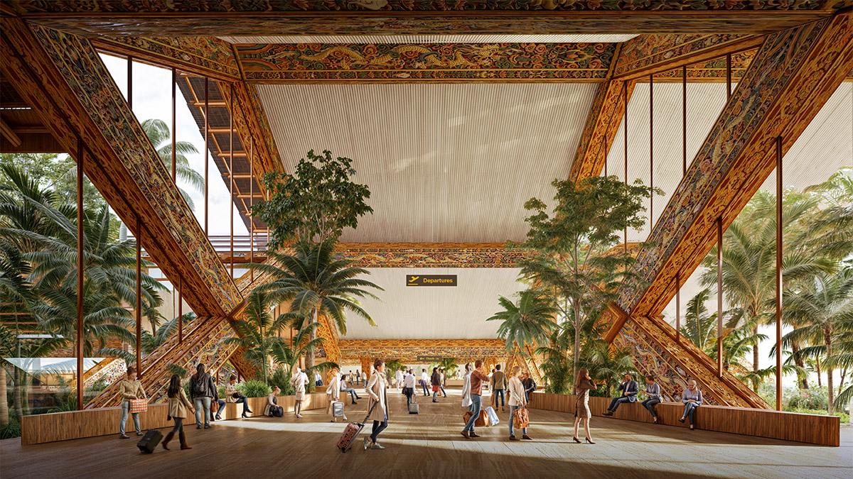 Prachtvoller Empfang: Die Ankunftshalle und der dazugehörige Korridor des vom Büro BIG für Bhutan designten Gelephu International Airport. (Bild: BIG / White Ceiling)