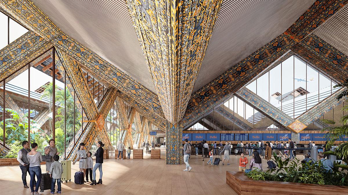 Check-In in exquisitem Rahmen: Auch bei der Abreise gibt es noch viel typisch bhutanische Kunst zu sehen. (Bild: BIG / White Ceiling)
