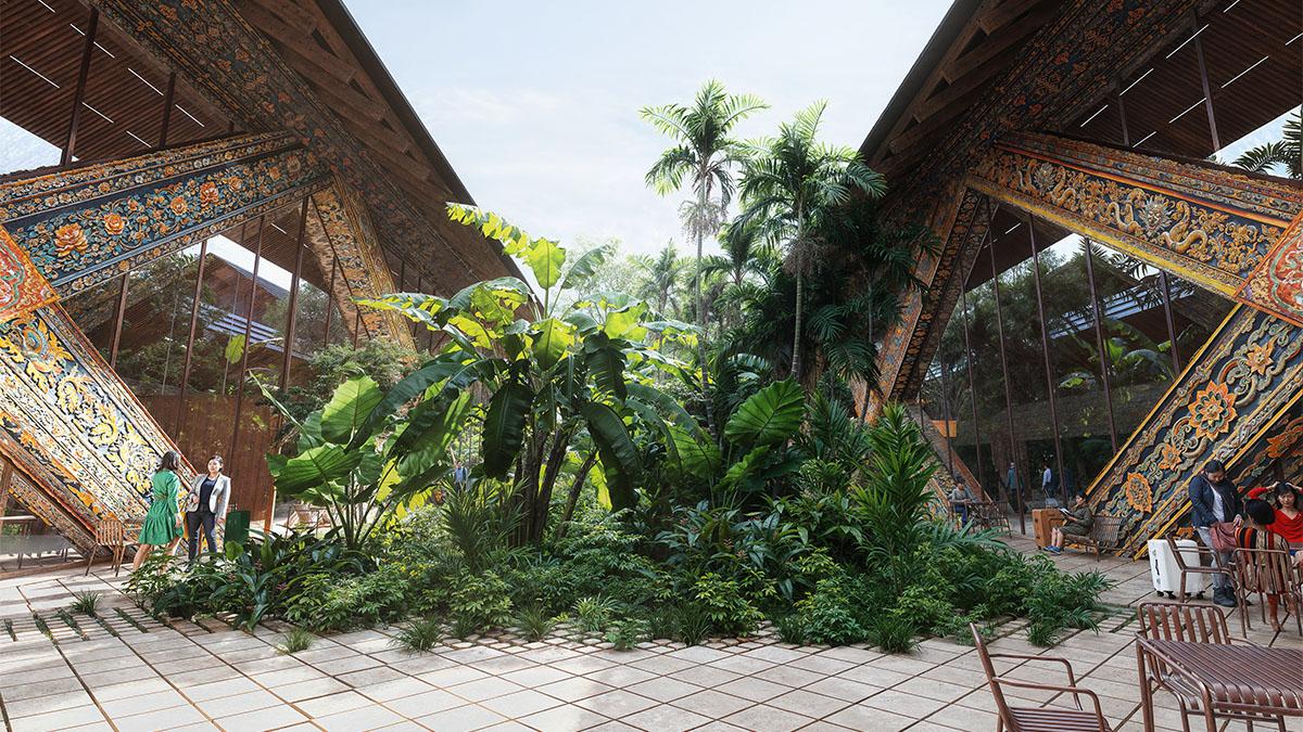 „Forest Spine“: Ein begrünter Innenhof trennt den Inlands-Flugbereich vom internationalen. (Bild: BIG)