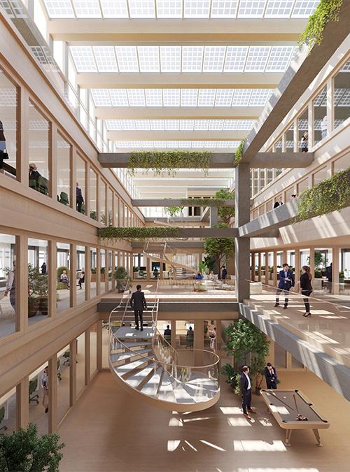 Schöner arbeiten: Der Bürokomplex bekommt ein luftig-helles, zentrales Atrium. (Bild: Nanopixel)