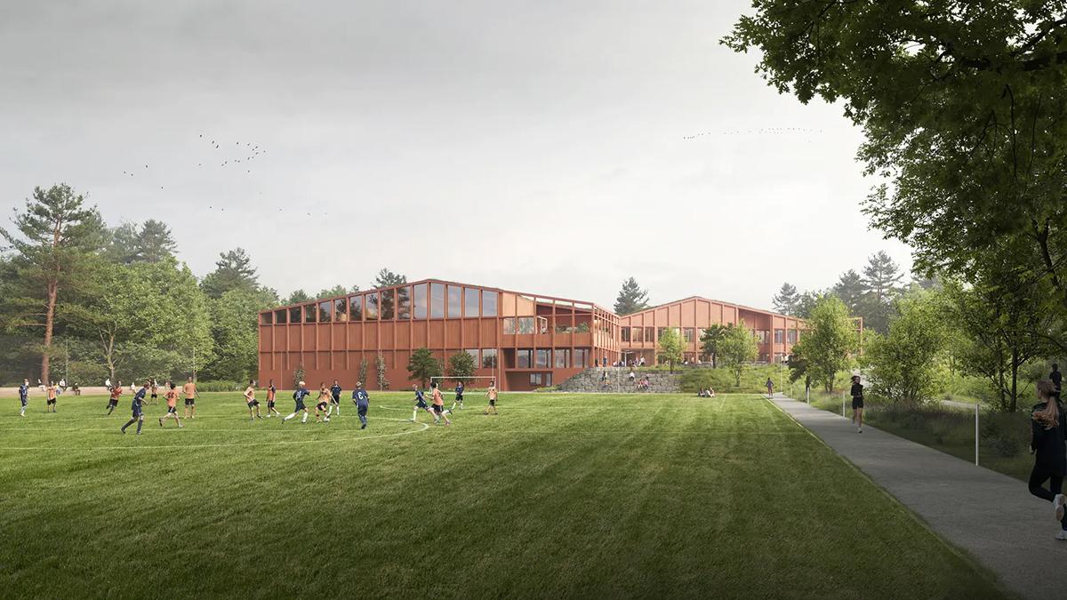 Rendering Lauvåsen Schule: Fußballspielende Jugendliche auf einem Rasenplatz vor dem Schulgebäude