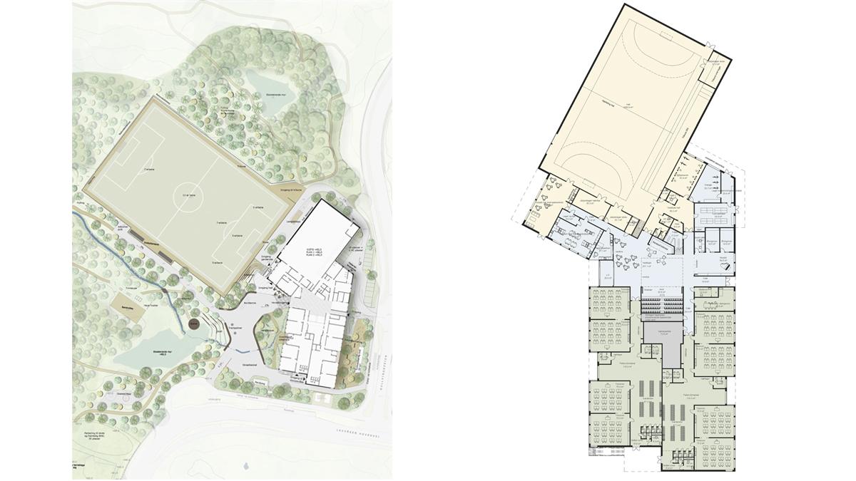 Pläne von Henrik Larsen: Schulgebäude mit Klassenzimmern, Turnsaal & Co sowie und Areal mit Fußballplatz.